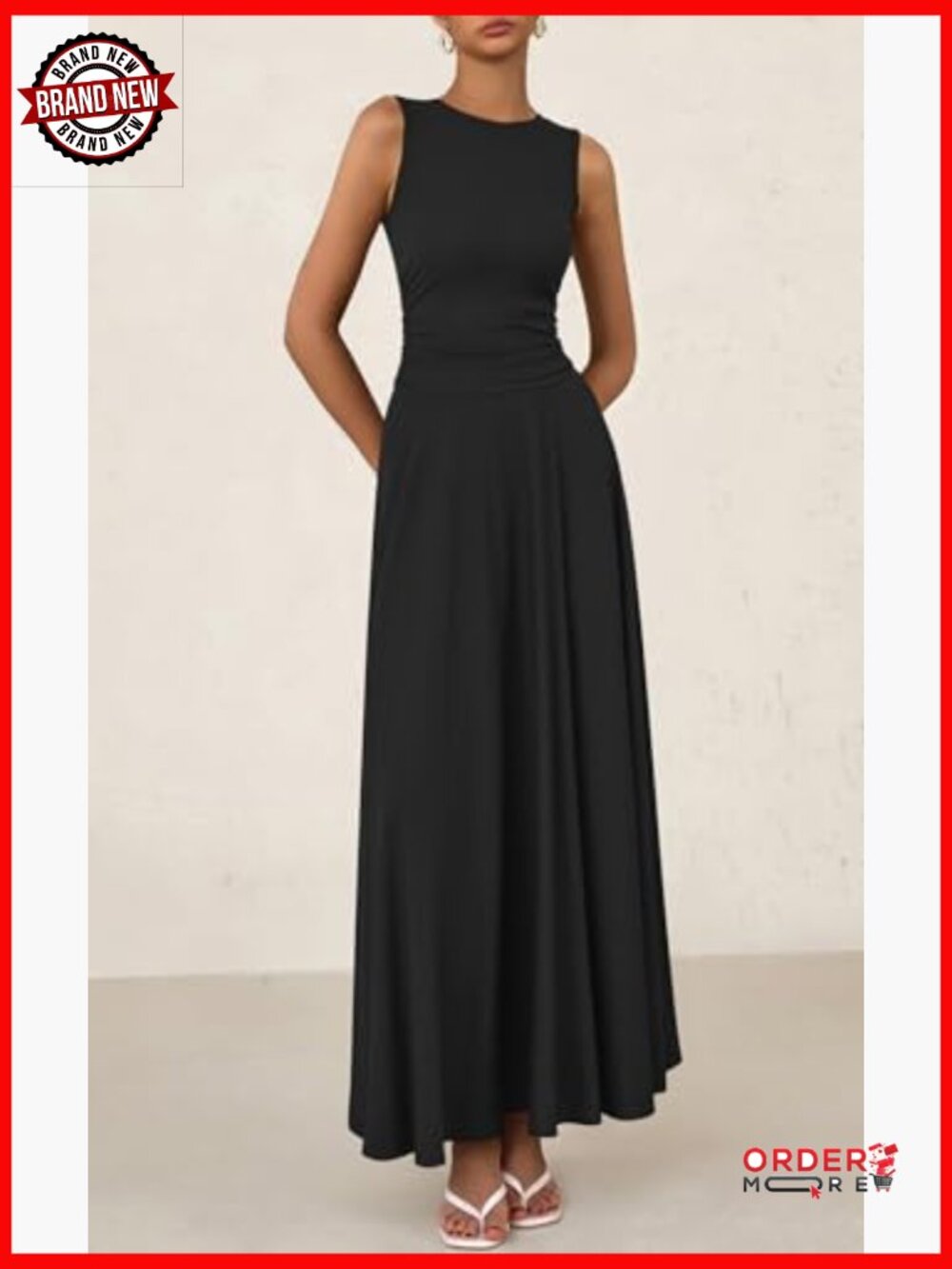 Casual Sleeveless Crewneck A-Line Maxi Dress Stretch Tank Flowy Long Dress - Picture 3 of 7